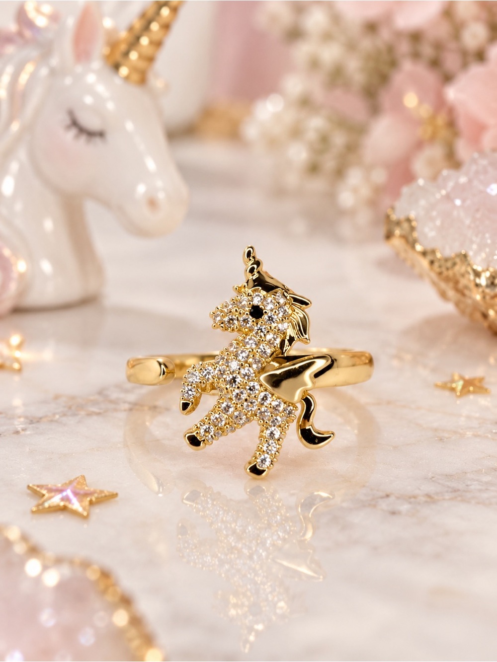 🦄 Gold Unicorn Pavé Crystal Statement Ring – Whimsical Adjustable Wrap Style